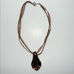 Venetian/Murano Brown & Black Glass Necklace with a Brown ribbon From Italy